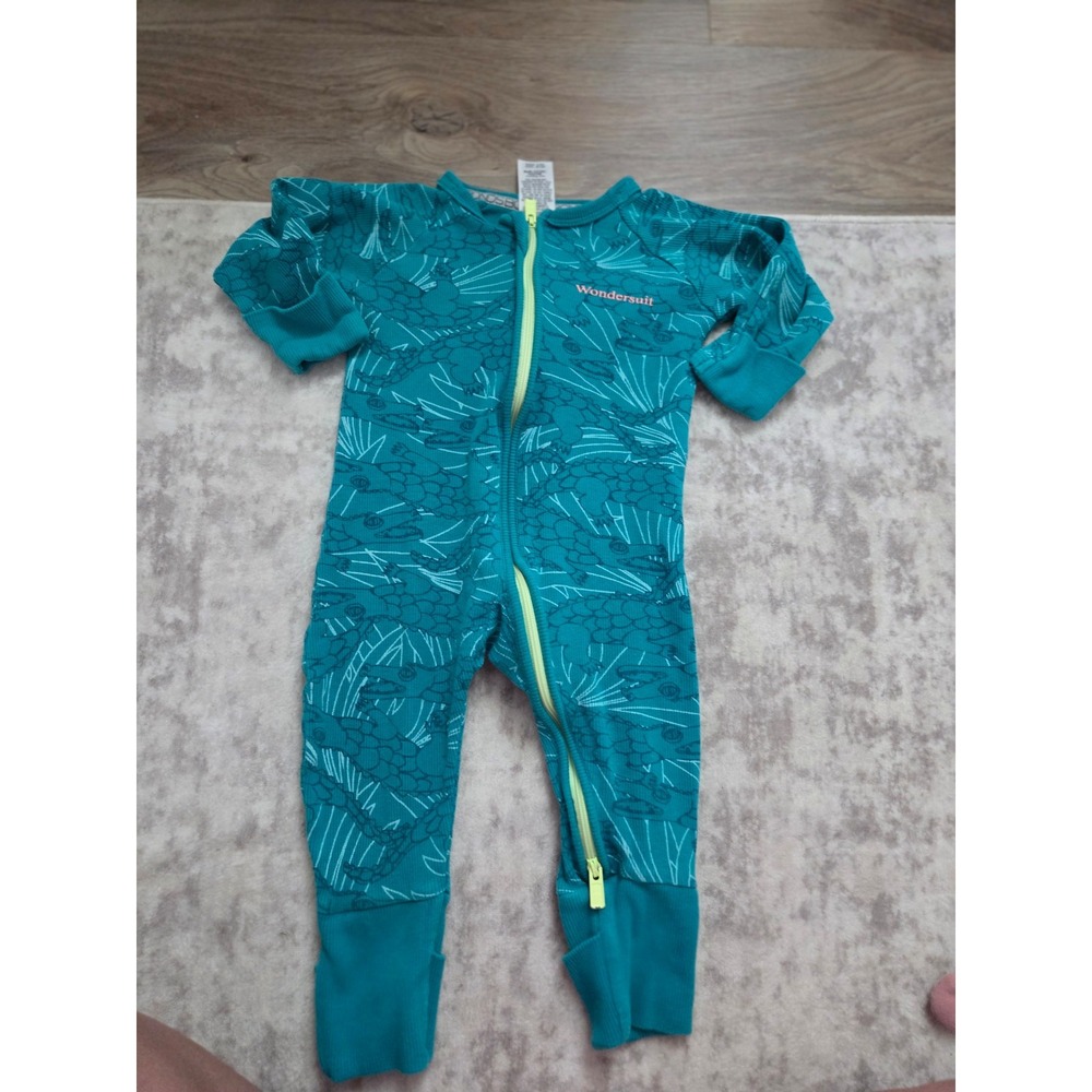 Wondersuit baby boy girl green fish print long sleeve sleeper 3-6 mos